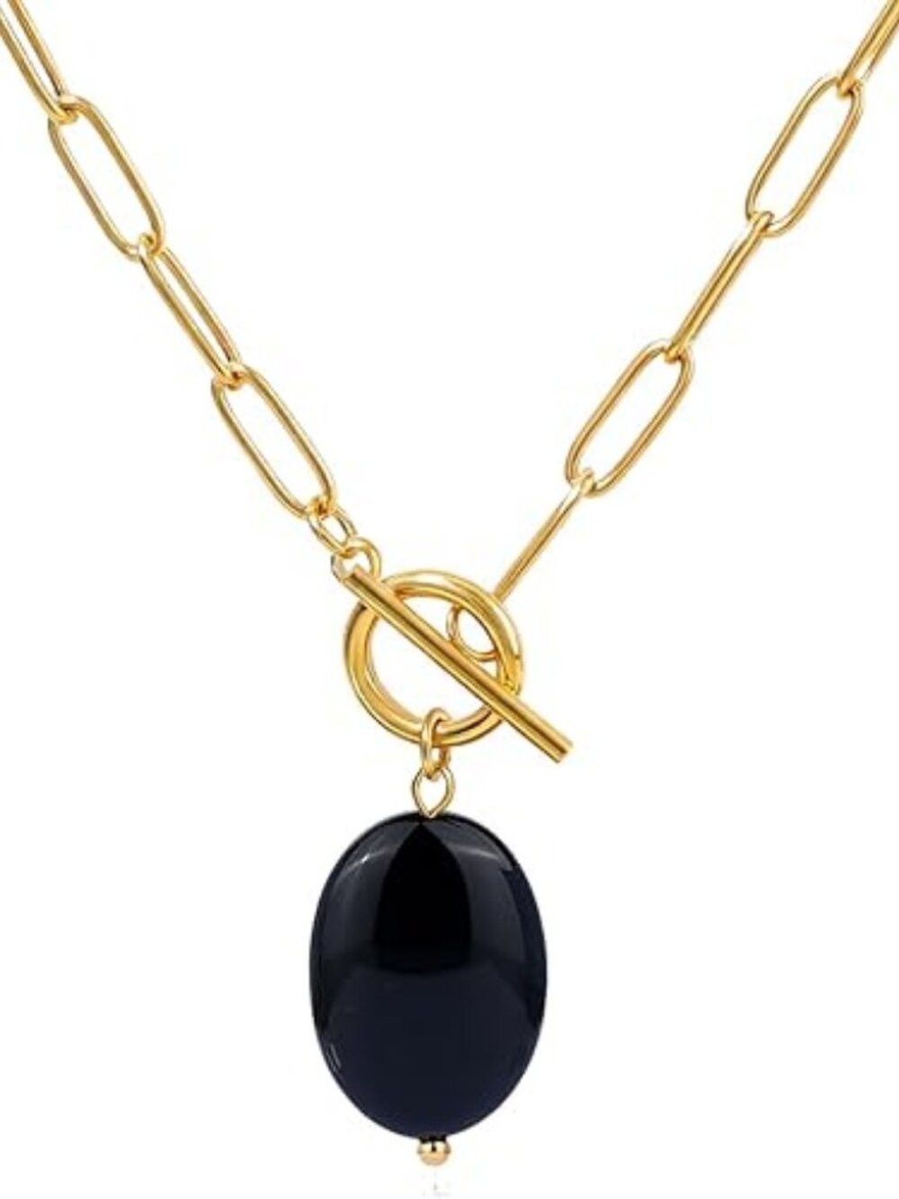 18K Gold Plated Paperclip Toggle Necklace Natural Pearl Gemstone Pendant